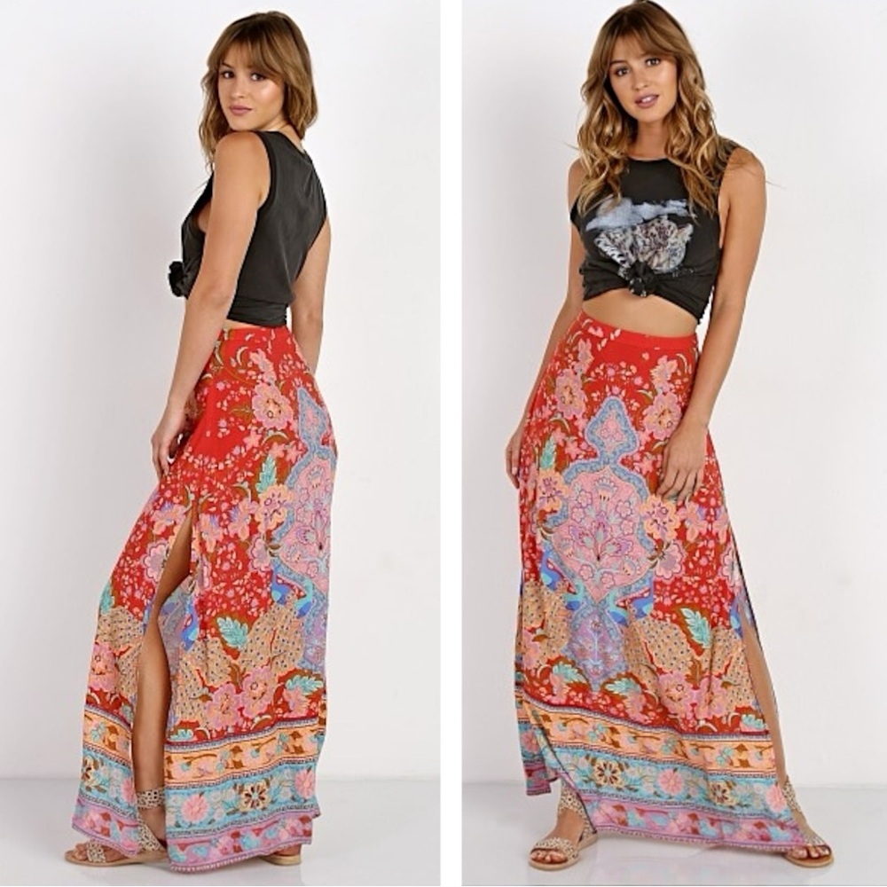 Spell Lotus Maxi Split Skirt in Ruby